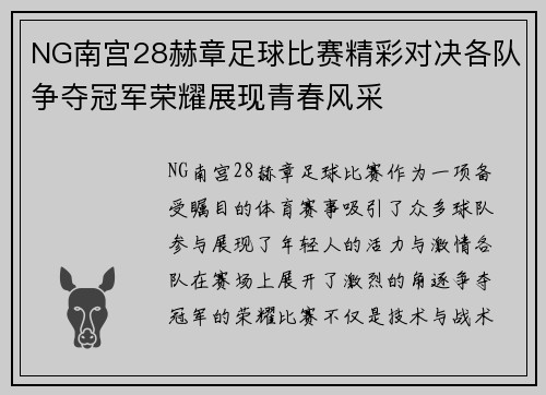 NG南宫28赫章足球比赛精彩对决各队争夺冠军荣耀展现青春风采